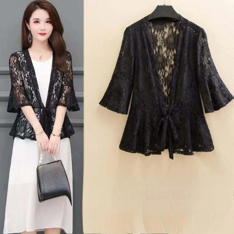 Lace Cardigan Women Shawl Summer Thin Sun Protection Clothes Big Size Jacket Half Flare Sleeve Outerwear Tops Korean Coat Dance