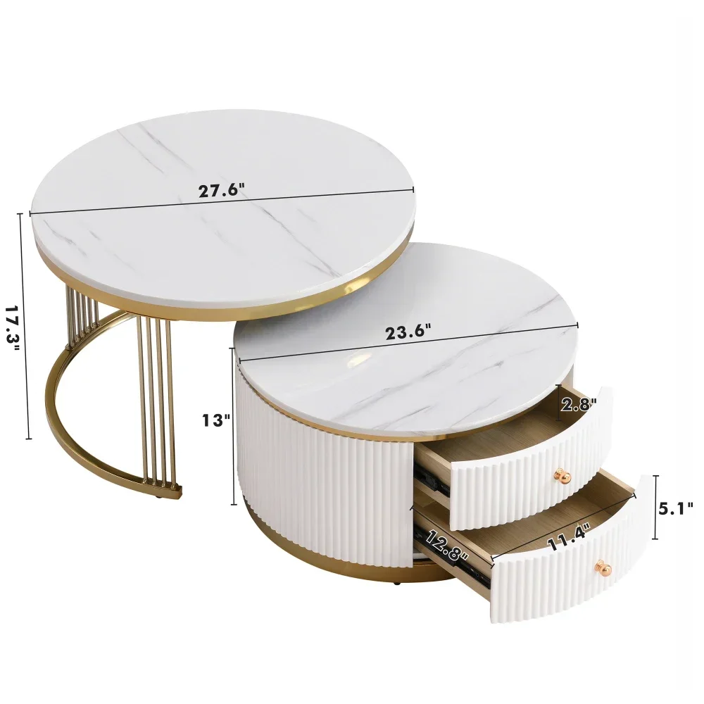 Caf&eacute; Tables, Modern 2 Piece White Round Nested Coffee Table with Drawers