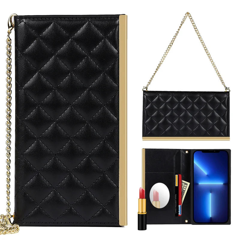 Aleta Carteira para o Iphone 13 12 Pro Max Mini 14 xs Mais Starp Crossbody Corrente de Metal Diamante Capa Espelho Case de Couro do Plutônio Case da - Image 6