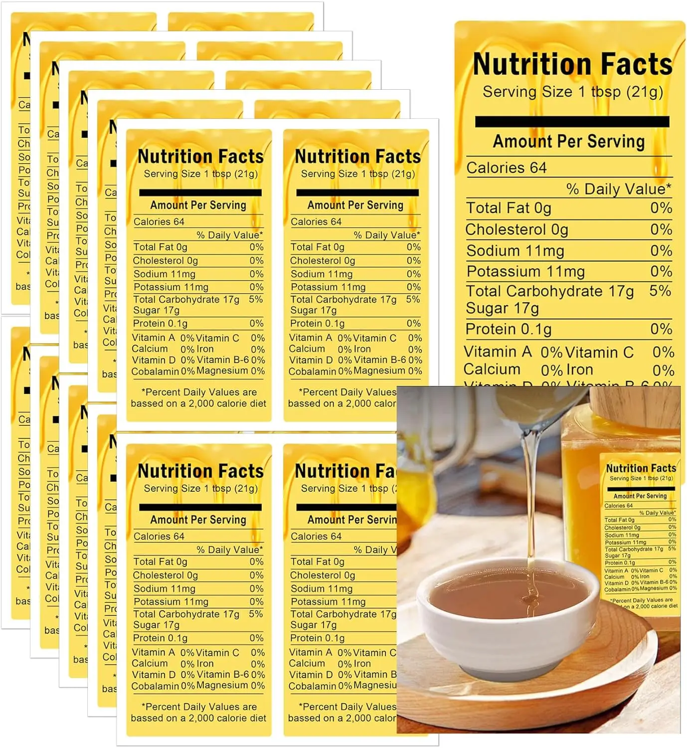 

1.75*3.5Inch Honey Nutrition Facts Calories Mason Jar Labels Health Benefits Stickers for Homemade Canning Containers 60pcs