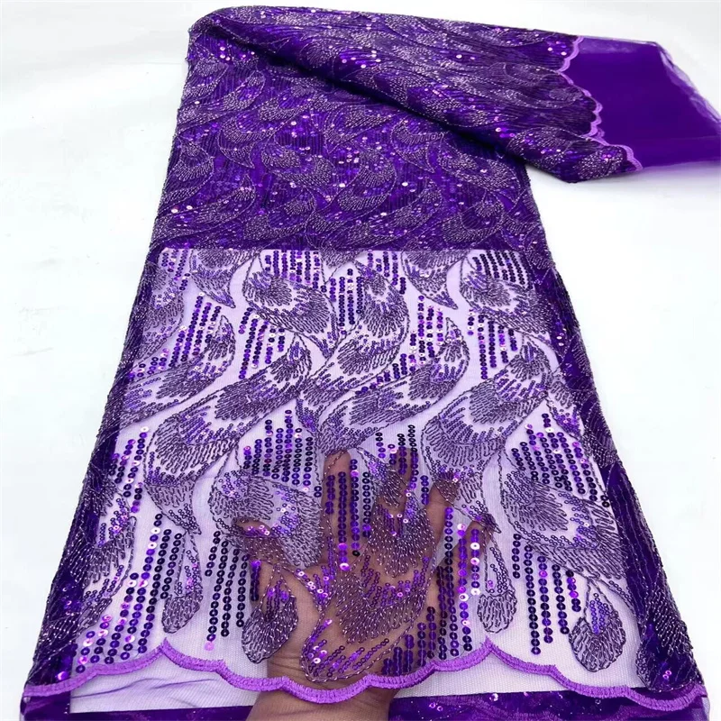 

Sequence African Lace Fabric 5 Yards Embroiderd Nigerian Lace Fabric Purple High Quality Laces Groom Tulle French Lace For Drees