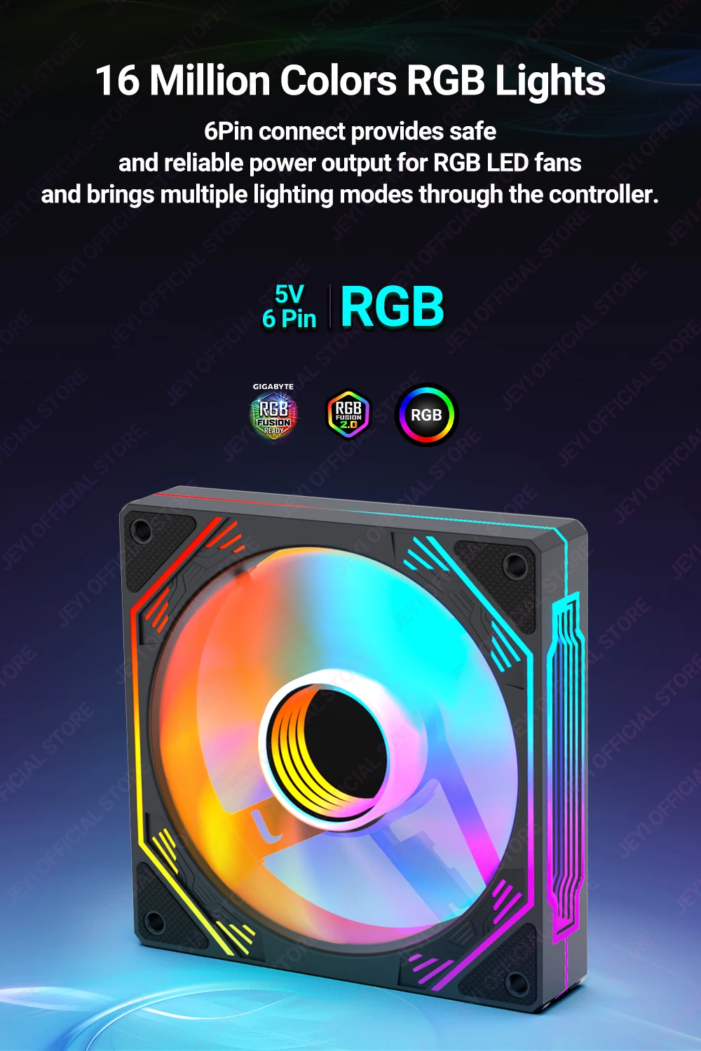 JEYI RGB-Lüfter, 120 mm, Computergehäuse, Hochleistungs-Lüfter-Set, 6-poliger PC-Lüfter, Kühler, leiser Kühler mit ARGB-Controller – Detail 2