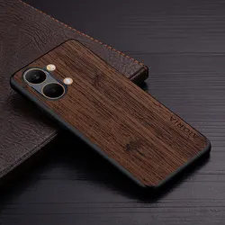 Luxury Faux Leather Wood Grain Phone Case - Premium Cover for Poco x7 (Coffee)