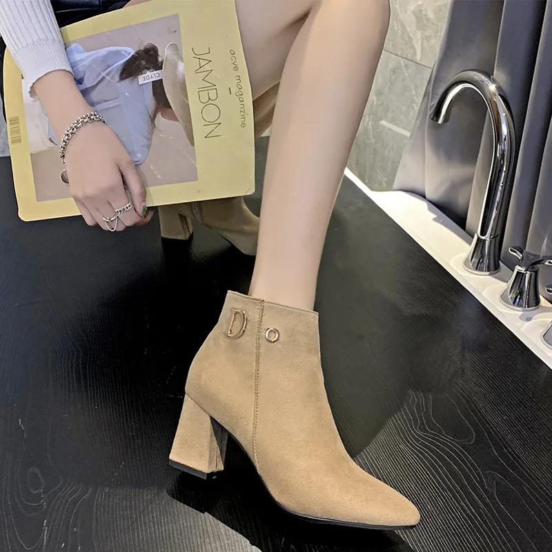 Autumn Winter New Womens Ankle Boots Thick Heel Pointed Toe Short Boots Woman Suede Boots Fashion Large Size Ladies Casual Shoes