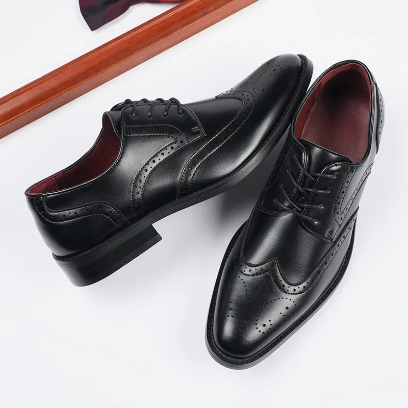 Men Height Increase Oxford Dress Shoes Genuine Cow Leather Lift Brogues Wedding Formal Elevator