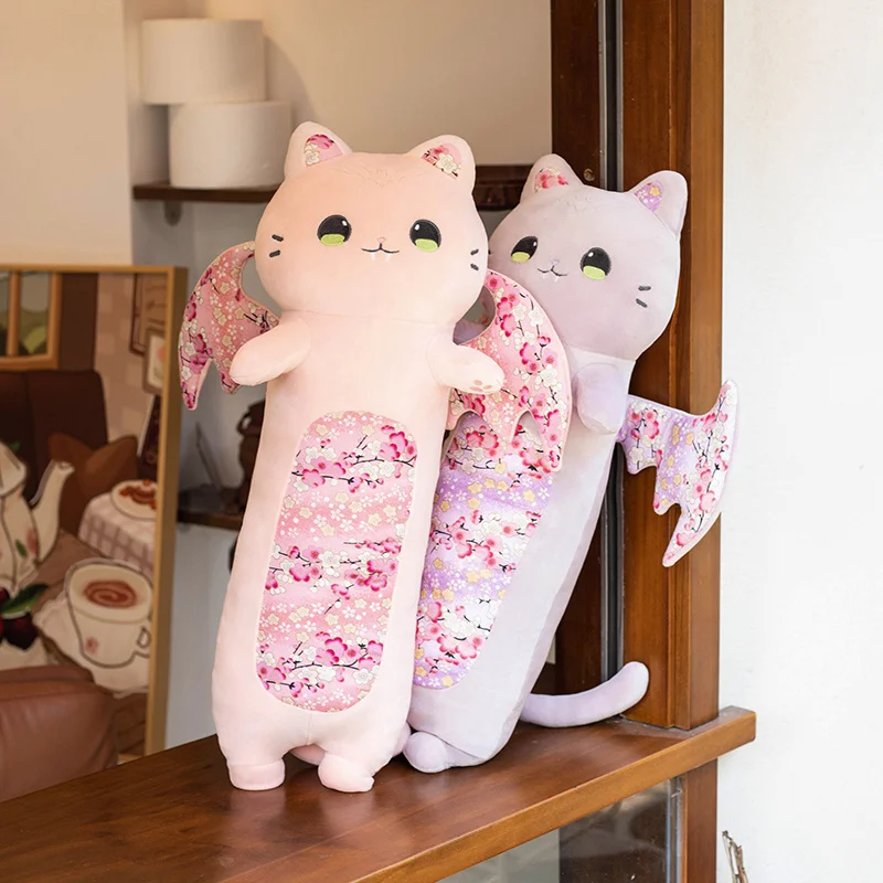 60-110cm Kawaii Wing Cats Plush Toys Soft Stuffed Animal Cute Japanese Kitty Long Pillow for Girls Kids Holiday Gifts Home Decor 100cm giant game genshin stray cat plush long pillow soft stuffed anime scaramouche cats dolls for kids toys birthday xmas gifts