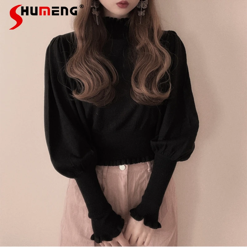 

Japanese Sweet Knitted T-shirts Woman 2023 Autumn and Winter Beauty Elegant Stand Collar Ruffled Long Lantern Sleeve Sweaters