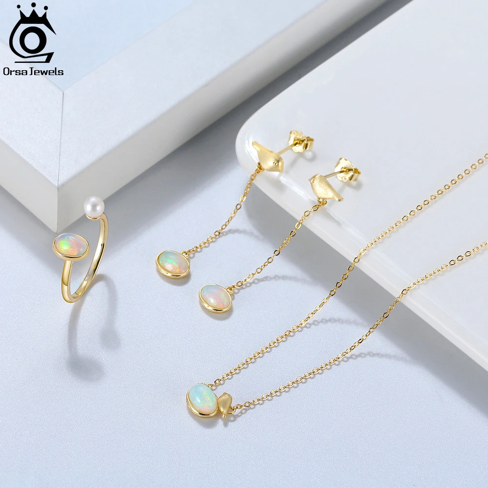 ORSA JEWELS 925 Sterling Silver Natural Opal Earrings Necklace Ring Set Fine Jewelry Set for Woman Girl SSGM02