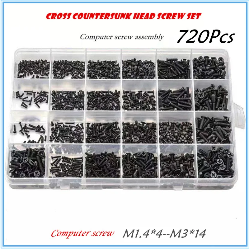 450/650/720 Pcs M1.4 M2 M2.5 M3 블랙 스틸 미니 마이크로 크로스 카운터 싱크 헤드 플랫 헤드 나사 조합 노트북 나사 키트 상자