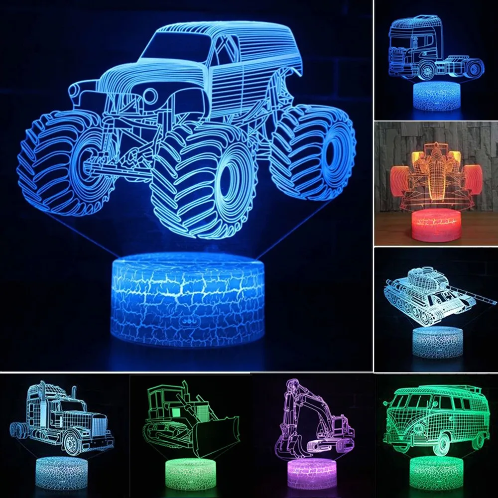 Auto, Lkw, Traktor, bagger 3D Nacht Licht LED Touch Illusion Tisch Lampe  Baby Schlafzimmer Decor Geschenk Lampen für Weihnachten Geburtstag