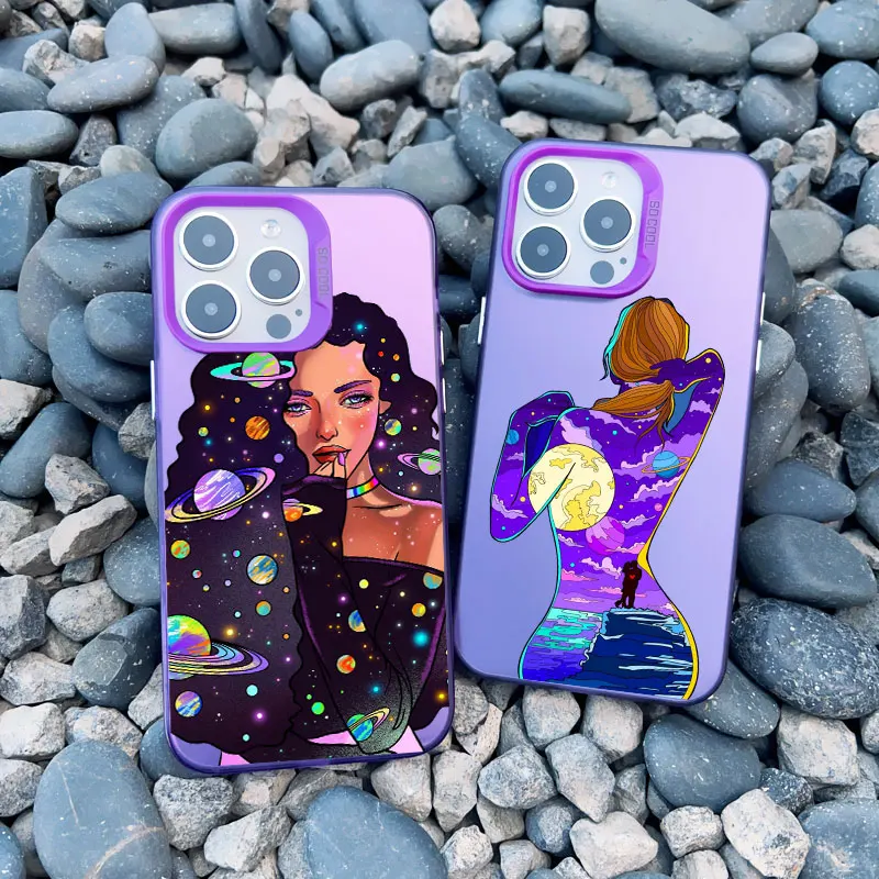 Moderner Stil Tide Girls Muster Lila Handyhülle für iPhone 11 12 13 14 Pro Max 15 Plus Pro Max 13 Mini Laser Back Cover