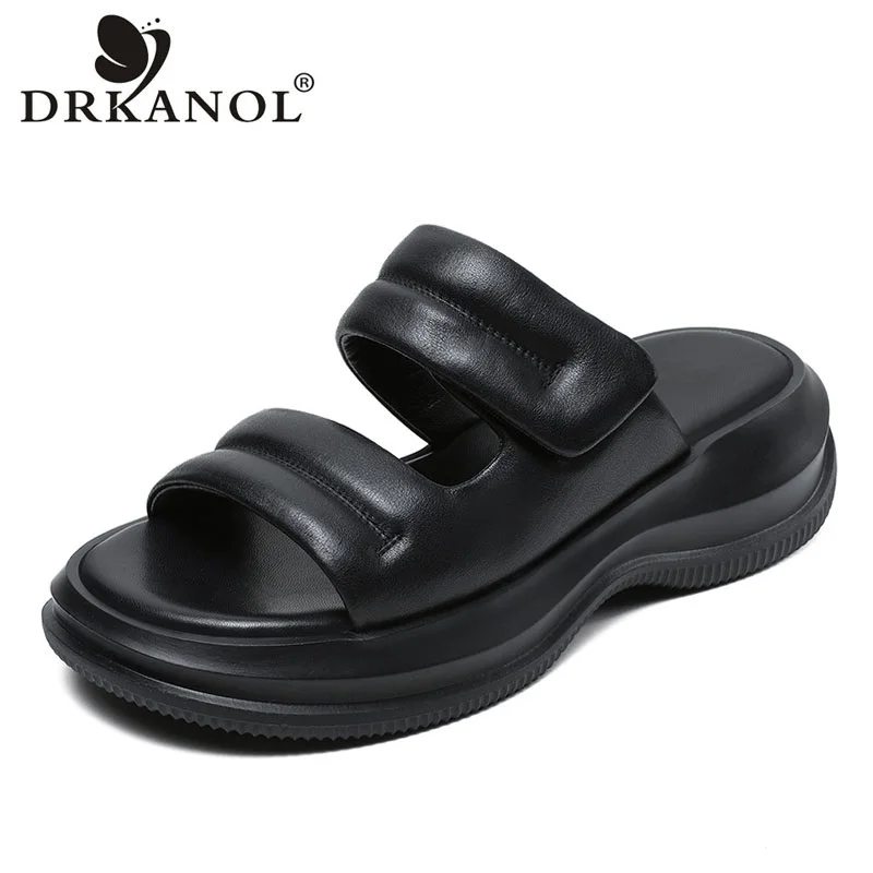 

DRKANOL Women Summer Slippers 2024 Concise Genuine Leather Open Toe Wedges Heel Casual Slides Slip On Platform Sandals Female