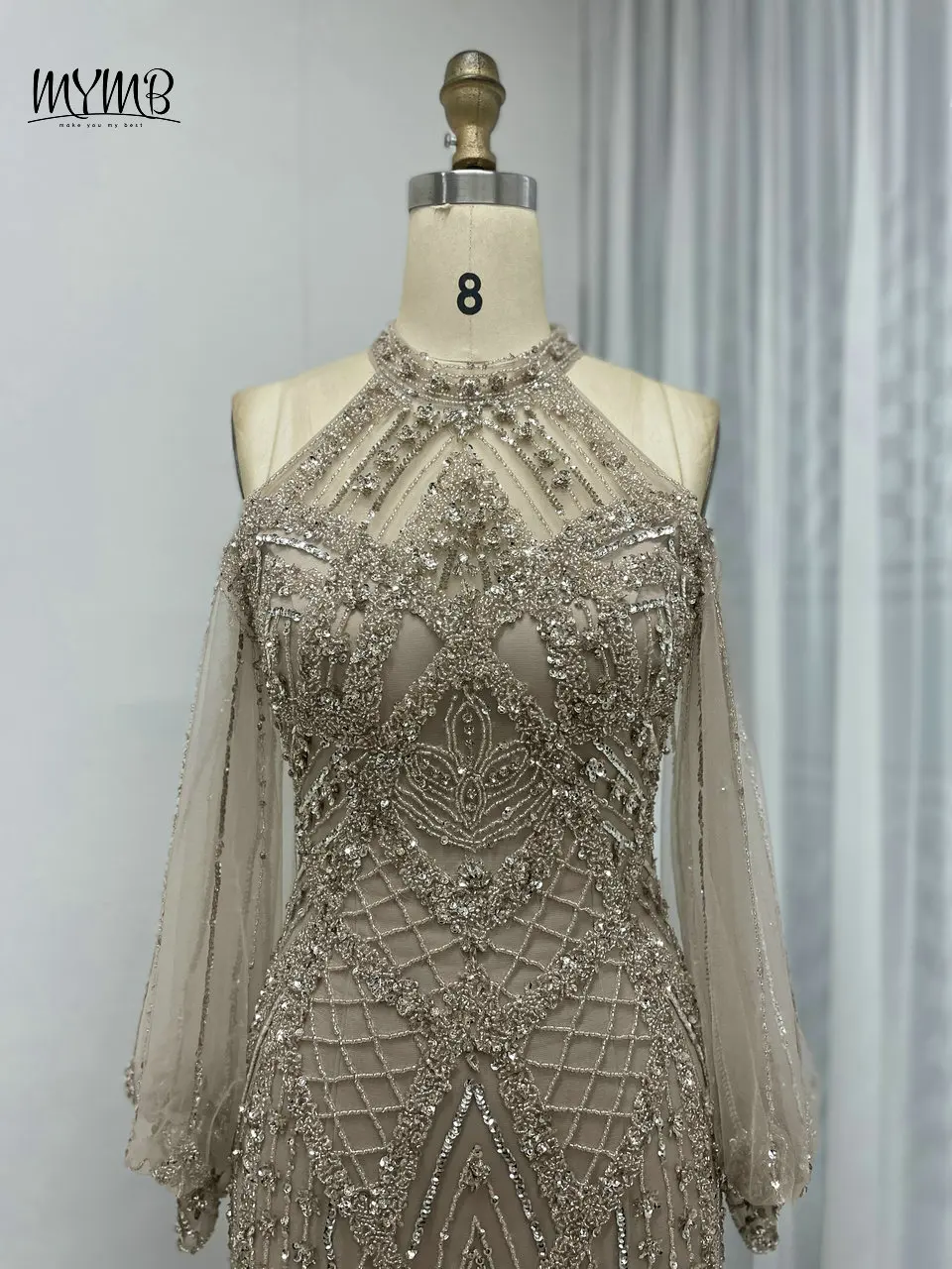 Mymb Dubai Luxus schulter frei Neck holder Hals Karamell Hochzeit Gast Kleider exlcusive Perlen Meerjungfrau Abend formelle Gelegenheit Kleider – Detail 9