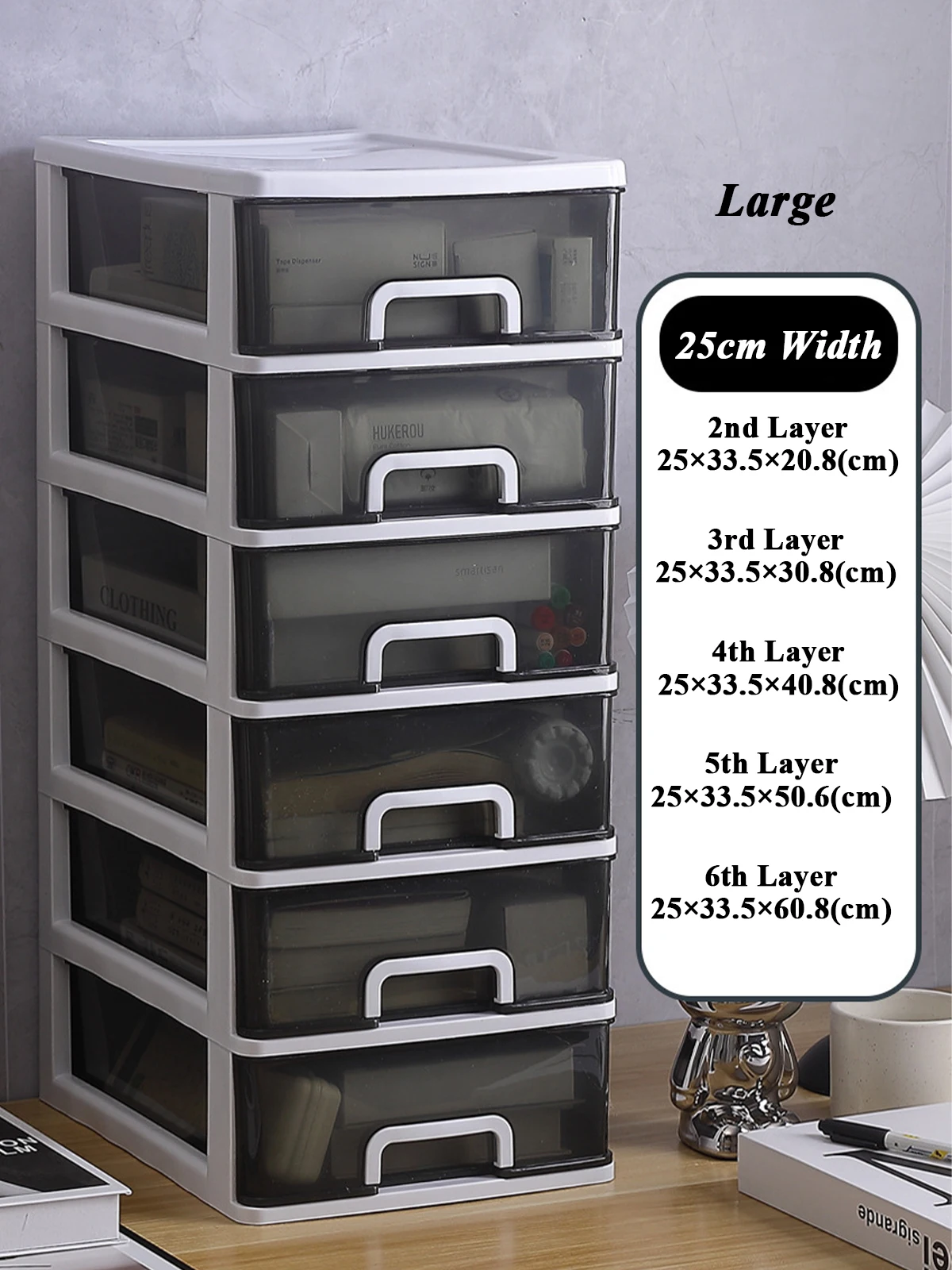 Clear Desktop Storage Box with Drawer - Dimensions Graphic