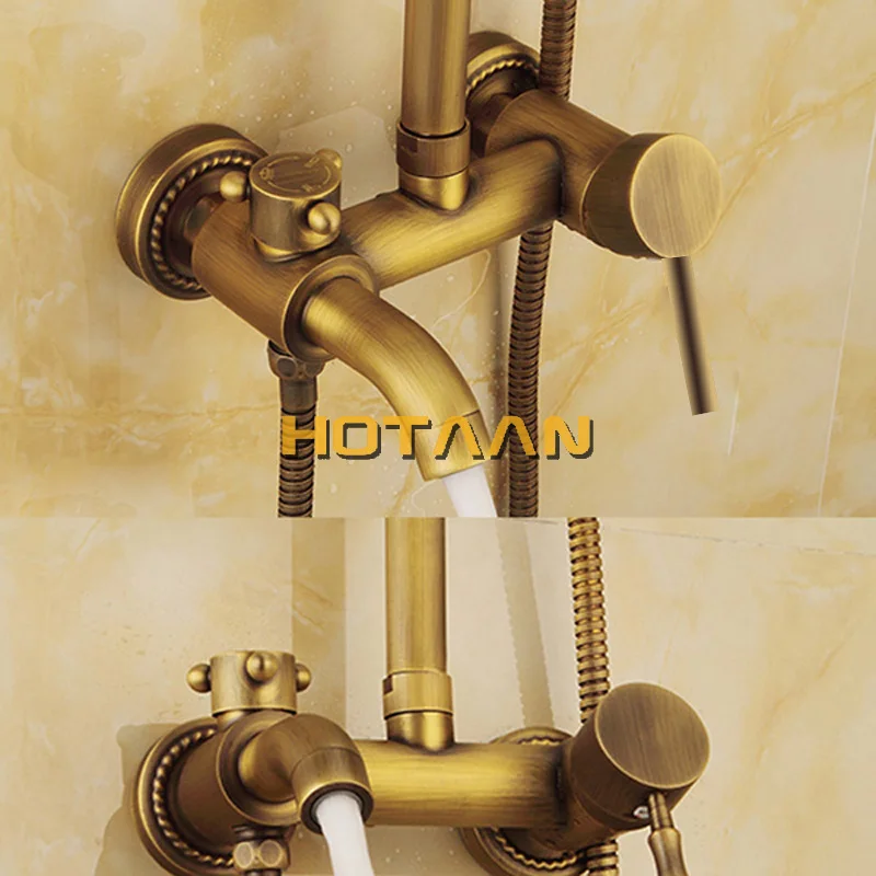 Bathroom shower faucet set Wall Mounted Mixer Valve Rainfall Antique Brass Shower Faucet Complete Sets + 8" Brass Shower Head + Hand Hose YT-5337A
