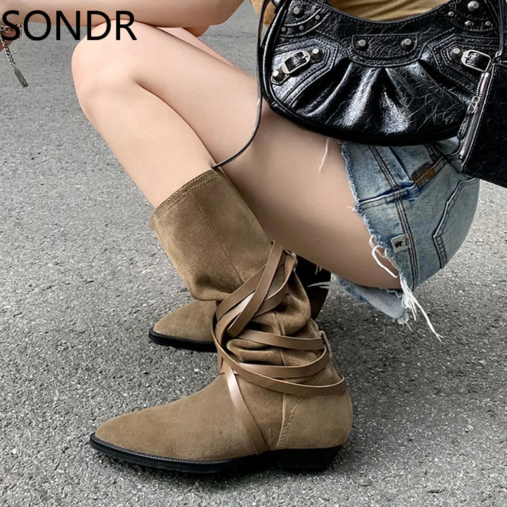 

Womens Pointed Toe Mid Calf Boots Chunky Heel Belt Buckle Western Chelsea Knight Shoes Cowboy New 2022