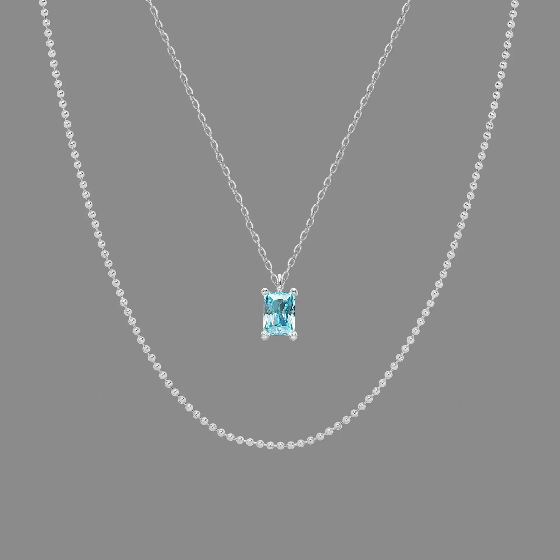 RHYSONG Layered Beads Chain Sea Blue Cubic Zirconia Square Pendant Stylish Women Necklace Stainless Steel Silver Color Jewelry rugged square grid texture soft tpu anti shock casing for samsung galaxy s8 sm g950 blue