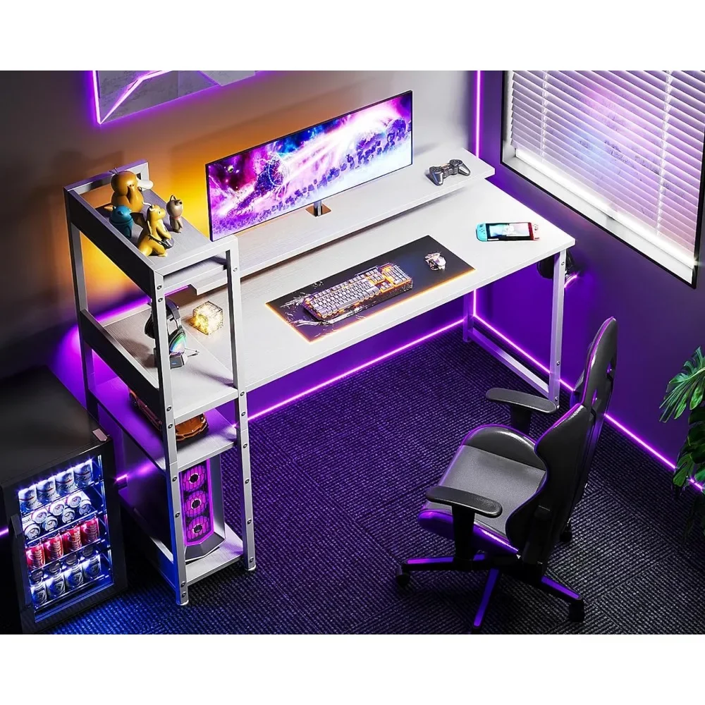 55 Inch Computer Desk with Storage Shelves and Monitor Stand, Writing Desk with Bookshelf, Reversible Study Table