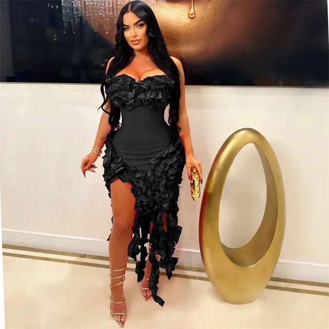 Robe d'anniversaire élégante à volants et franges pour femmes, tenue de soirée longue de célébrité, irrégulière, sans bretelles, sans manches, 2024