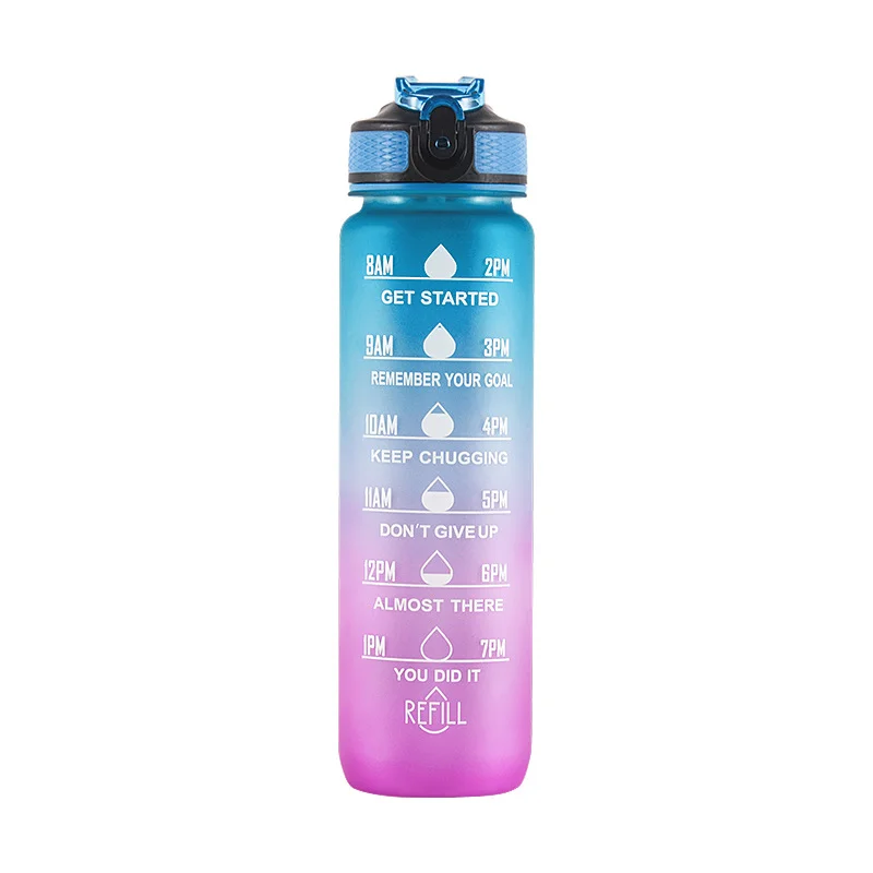 Water Bottle 1L with Straw Motivational Time Marker & Buckle Strap Leak-Proof Tritan BPA-Free Sports Water Bottle