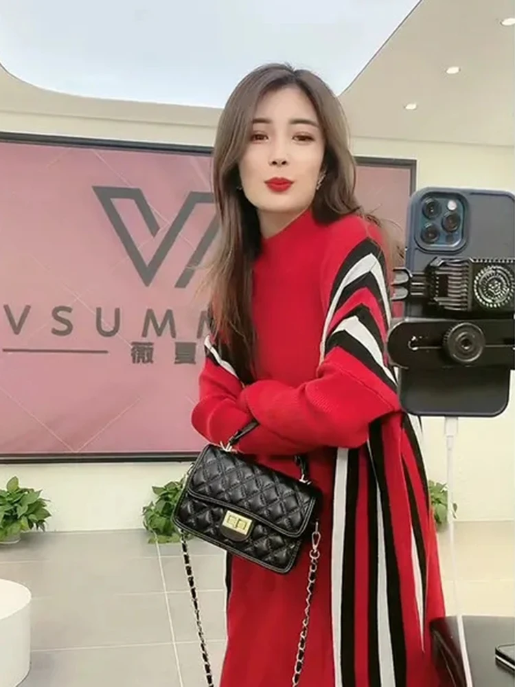 Casual Strip Knitwear Loose Midi Dresses Elegant Half Turtleneck Knitted Dress Sweater Fall Winter Korean Women Robe Vestidos 3