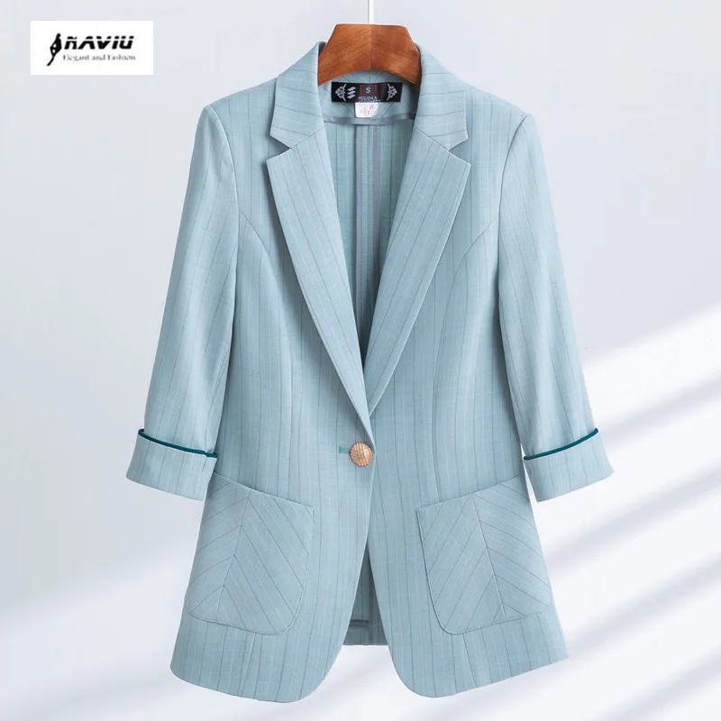 

NAVIU Womens Suit Jacket 2024 Blue Stripes Blazer Lightweight Thin Half Sleeve Summer Women Clothing Office Lady Coat Tops