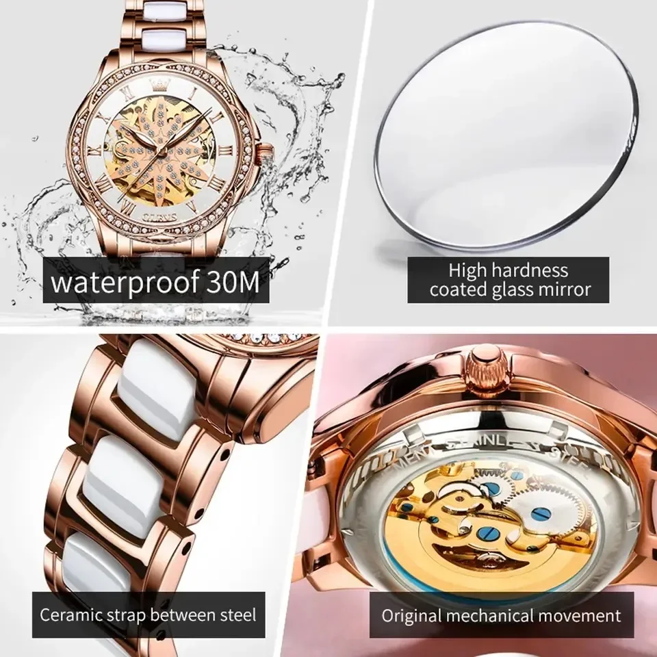 OLEVS Automatic Mechanical Watch for Women Skeleton Diamond Dial Ceramic Strap Waterproof Elegant Women's Wristwatch Reloj Mujer