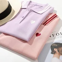 Polo Neck Shirt for Women100℅ Cotton  Woman T Embroidery Button Graphic Slim Korean Clothing Trend 2025 Youthful Elegant Style - Image 6