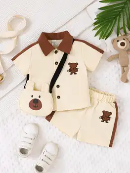 Toddler Bear Print 3-Piece Outfit, Beige & Brown Polo Shirt + Shorts + Crossbody Bag, Baby Boy Summer Casual Clothing Set 1
