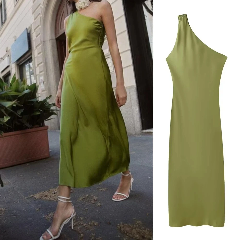 PB&ZA Women's 2024 Summer New Style Fashionable Elegant Solid Color Asymmetrical Silk Satin Texture Dress 8372/074