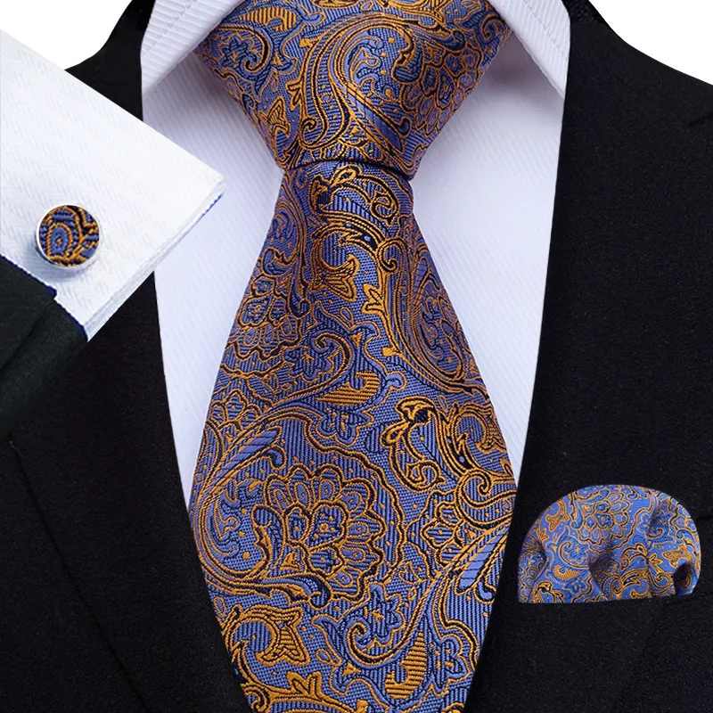 

2023 Men Jacquard Silk Paisley Neck Tie Groom Wedding Party Plaid Striped Necktie Pocket Square Handkerchief Hanky Cufflinks Set