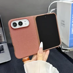 Luxury TechWoven Fabric Fold Phone Case with MagSafe Magnetic Charging and Shockproof Protection for iPhone Duo (Brown)