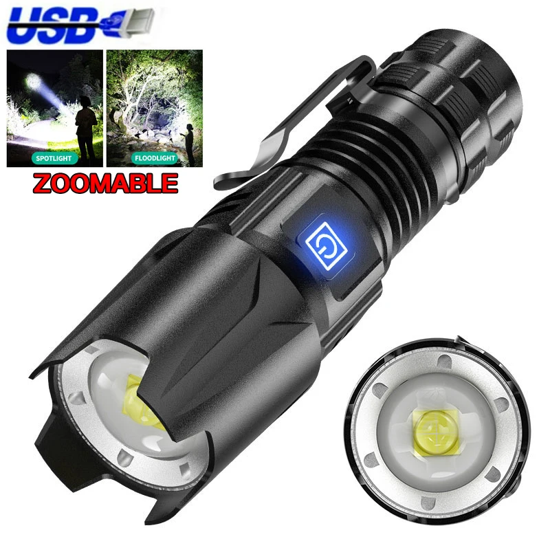 

Powerful Mini XHP50 LED Flashlight USB Rechargeable Pocket Tactical Torch Zoomable Small Self-defense Light with Pen Clip Lamp