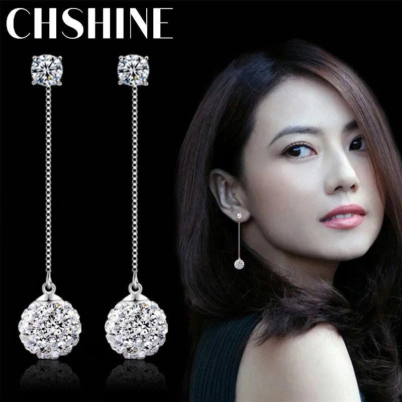 

CHSHINE New Arrival Fashion Shambhala Crystal 925 Sterling Silver Ladies Long Tassel Drop Earrings Jewelry Birthday Gift Women