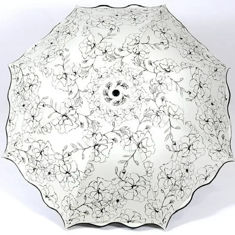 Rain Sunshine Dual-purpose Umbrella Anti UV Black Coating Hibiscus Flower Folding Umbrella New Fashion WaveEdge SunshadeUmbrella