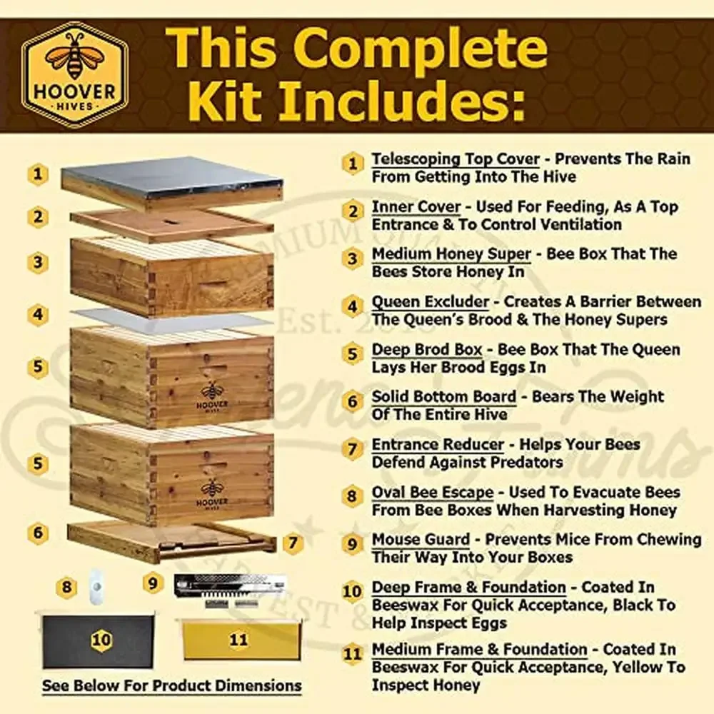 Langstroth Beehive Kit 8 Frame with Beeswax Coating Wooden Frames Waxed Foundations 2 Deep Boxes 1 Medium Box Dovetail