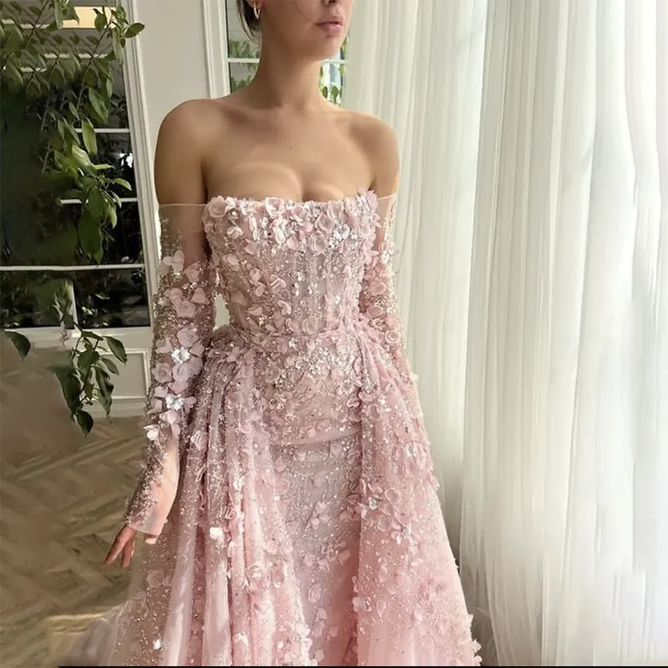 Maßgeschneidertes elegantes rosa schulterfreies Brautkleid mit Spitzenapplikationen im Meerjungfrau-Stil, Gala-Hochzeitskleid, rückenfrei, abnehmbare Schleppe, Tüll-Brautkleid – Detail 3
