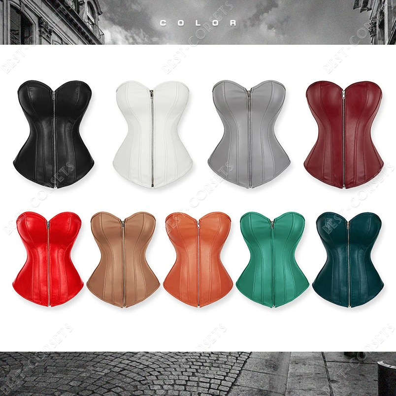 Women\'s Leather Corset Top Brown Steampunk Corsets for Women Zipper Overbust Corset Plus Size Corselet Black Red