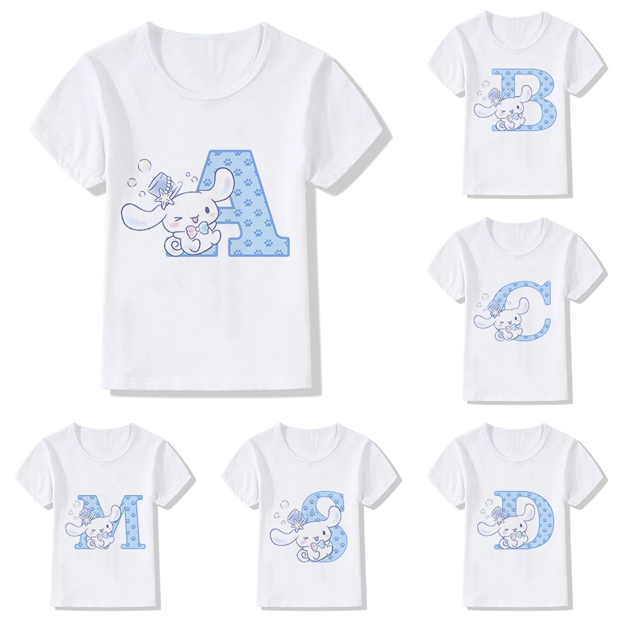 Children T Shirt Cinnamoroll Letter Name Combination Sanrio Kawaii Girls Cartoons Casual Anime Tee Kid Boy Tops