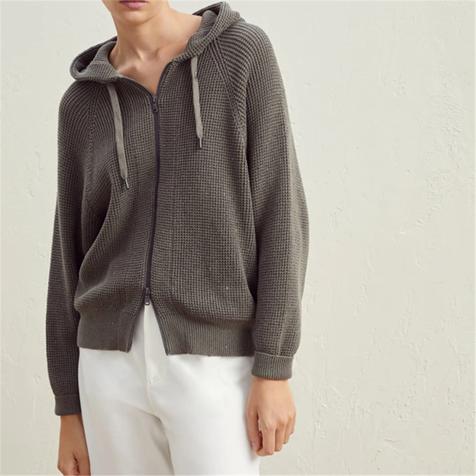 

Cotton Diamond Yarn Half English Rib Hooded Cardigan With Monili 2023 New Long Sleeved Lightweight Zip Sweatshirt Women