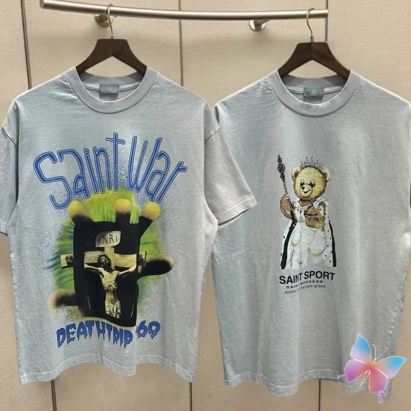 

Hiphop Street Saint Michael T-shirt Vintage Washed Jesus Cross Bear Print Round Neck Short Sleeve Loose Tshirts Men Women