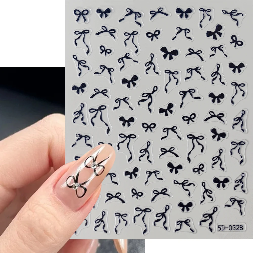 1Sheet Pink/White/Black Bow 5D Nail Art Stickers Bowknot Self-Adhesive Slider Romantic Lace Ribbon Valentine's Manicure Decals * 4