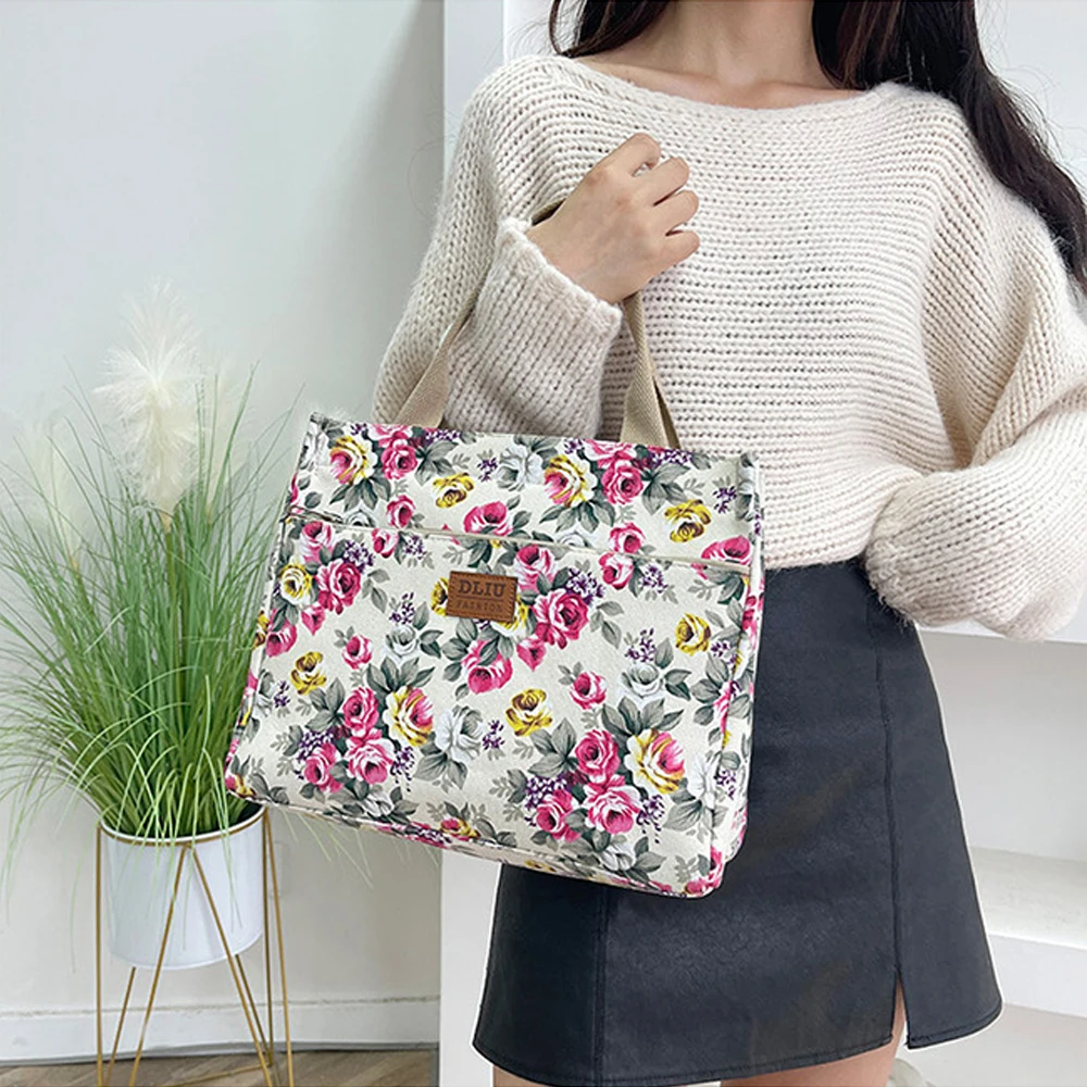 Bento Bag For Picnic Travel Fashion Floral Print Tote Bag Portable Canvas Lunch Bag Women's Casual Handbag lunch bag