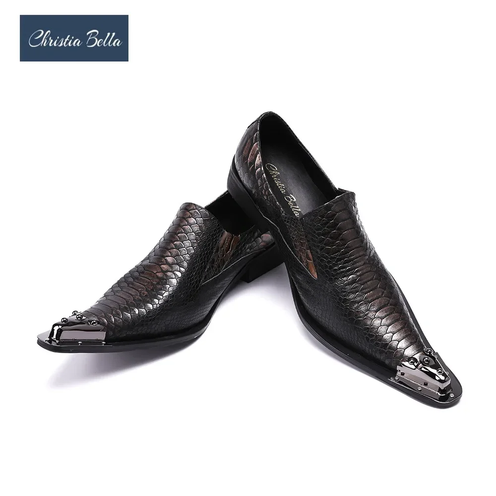 Christia bella Italian style gentleman dress shoes metal pointed toe men snake grain real leather shoes business freight