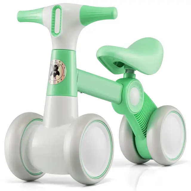 DORTALA Cute Baby Balance Bike 4 Wheels Childrens Bicycle Toddlers Riding Toy w/No Pedal Green/Pink/Yellow 1