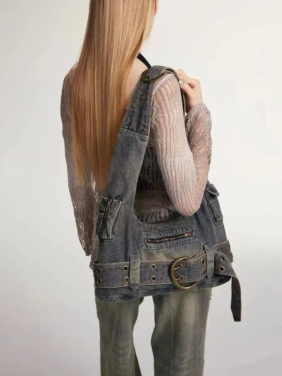 

Женская ВИНТАЖНАЯ ДЖИНСОВАЯ сумка на плечо в стиле панк, дизайнерская черная сумка Y2k гранж для крутых девушек, женские готические сумки в стиле ретро для подмышек в моторном стиле