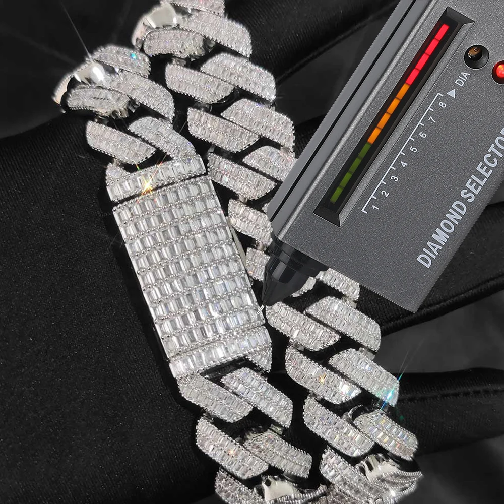 

20mm 2 Rows Rectangle Diamonds 100% 925 Silver Cuban Pass Diamond Tester Necklace VVS Moissanite Cuban Link Jewelry