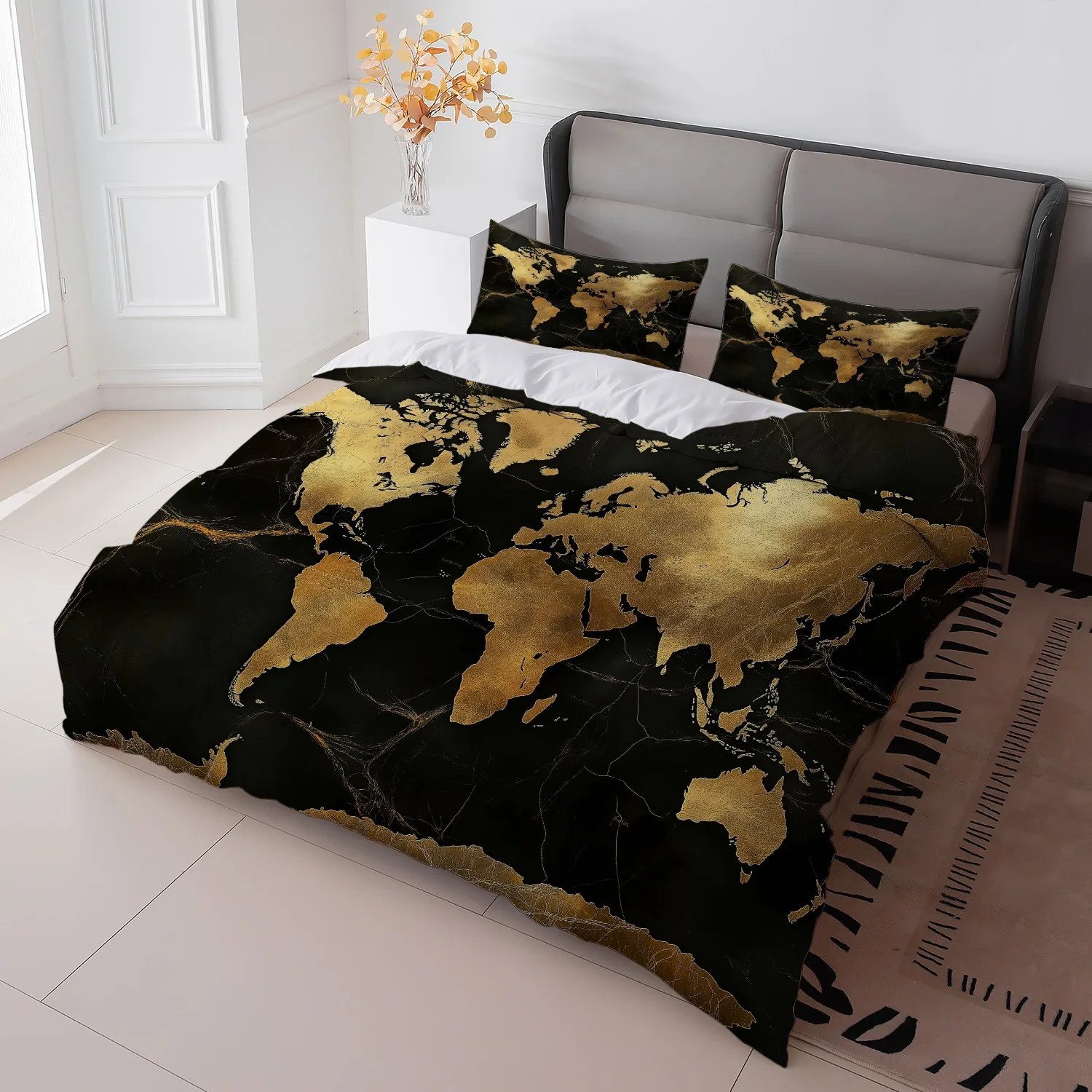 3Pcs Black Golden World Map Duvet Cover Set, Luxury Polyester Bedding with Pillowcases, Zipper Closure All Season for Modern Bed