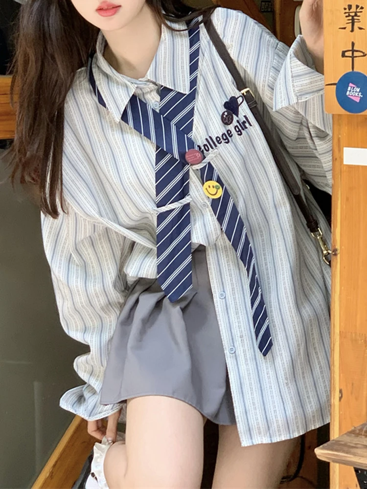 

KIMOKOKM Preppy Style Korea Sweet Women's Striped Shirt Cute Necktie Stereoscopic Brooch Single Breasted Kawaii Full Sleeve Shir