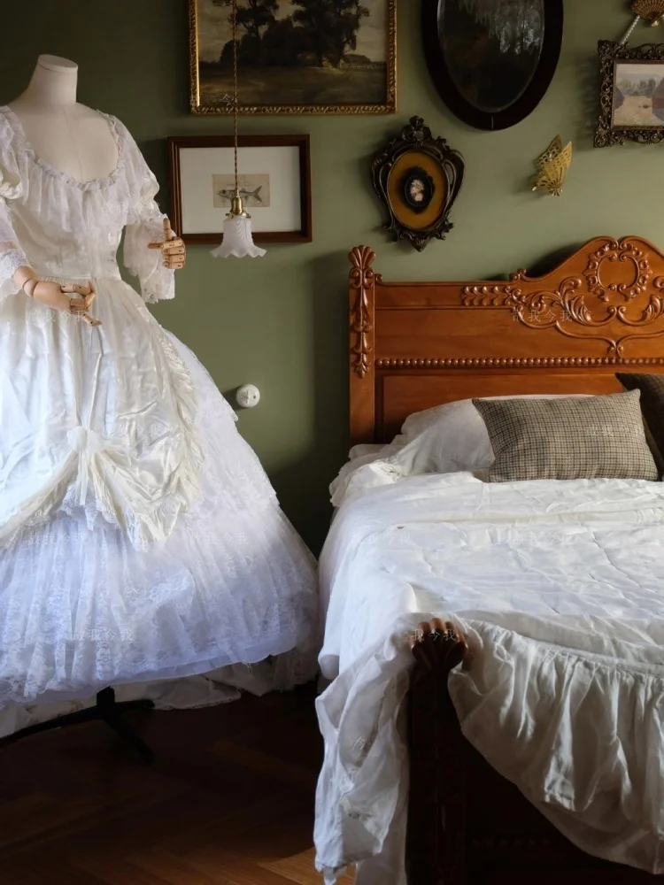 Camille's Love Letter Diary All Solid Wood Double Bed Vintage Log Carved Light Luxury 8
